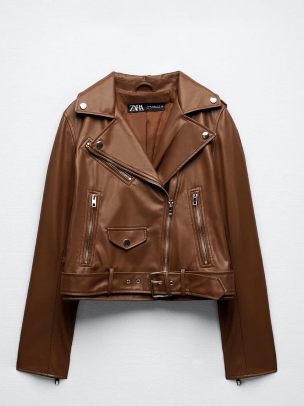 ZARA Women’s Brown Faux-Leather Biker Jacket Size S